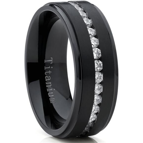 Metal Masters Black Titanium Men's Eternity Wedding Band Ring with Cubic Trendy